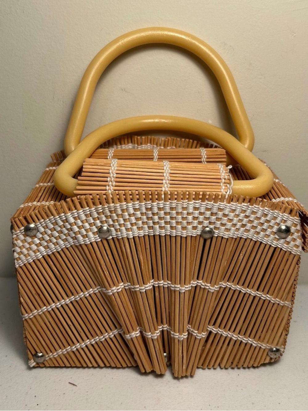 Vintage Bambo Reed Box Purse with Acrylic/Bakelite Double Handles